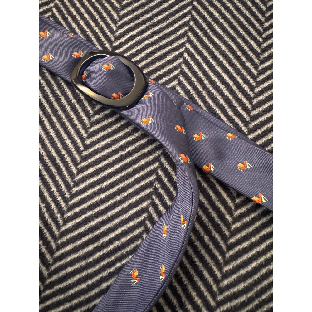 J.Crew Navy Blue 100% Silk Pelican Embroidered Slide Buckle Belt SM RN77388